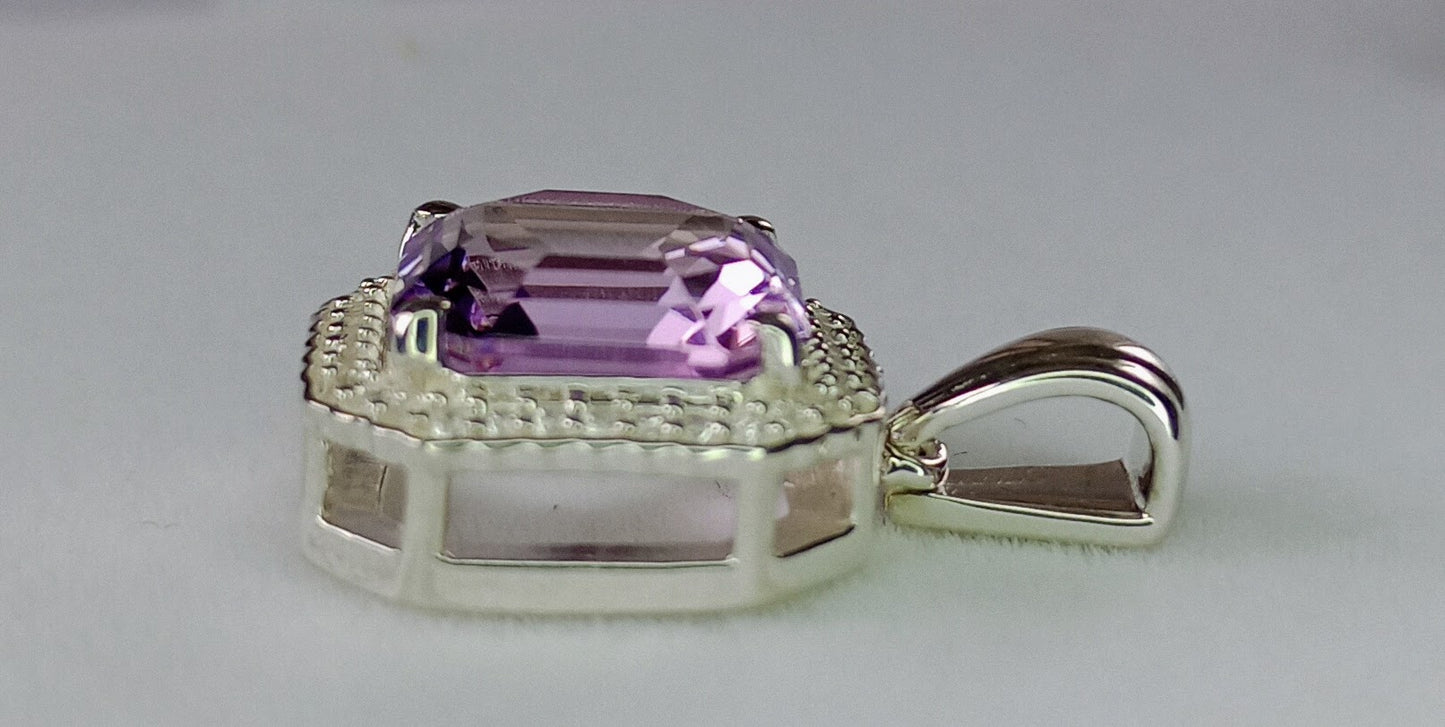 Asscher Cut Rose de France Amethyst & white Zircon Sterling Silver Earrings and Pendant