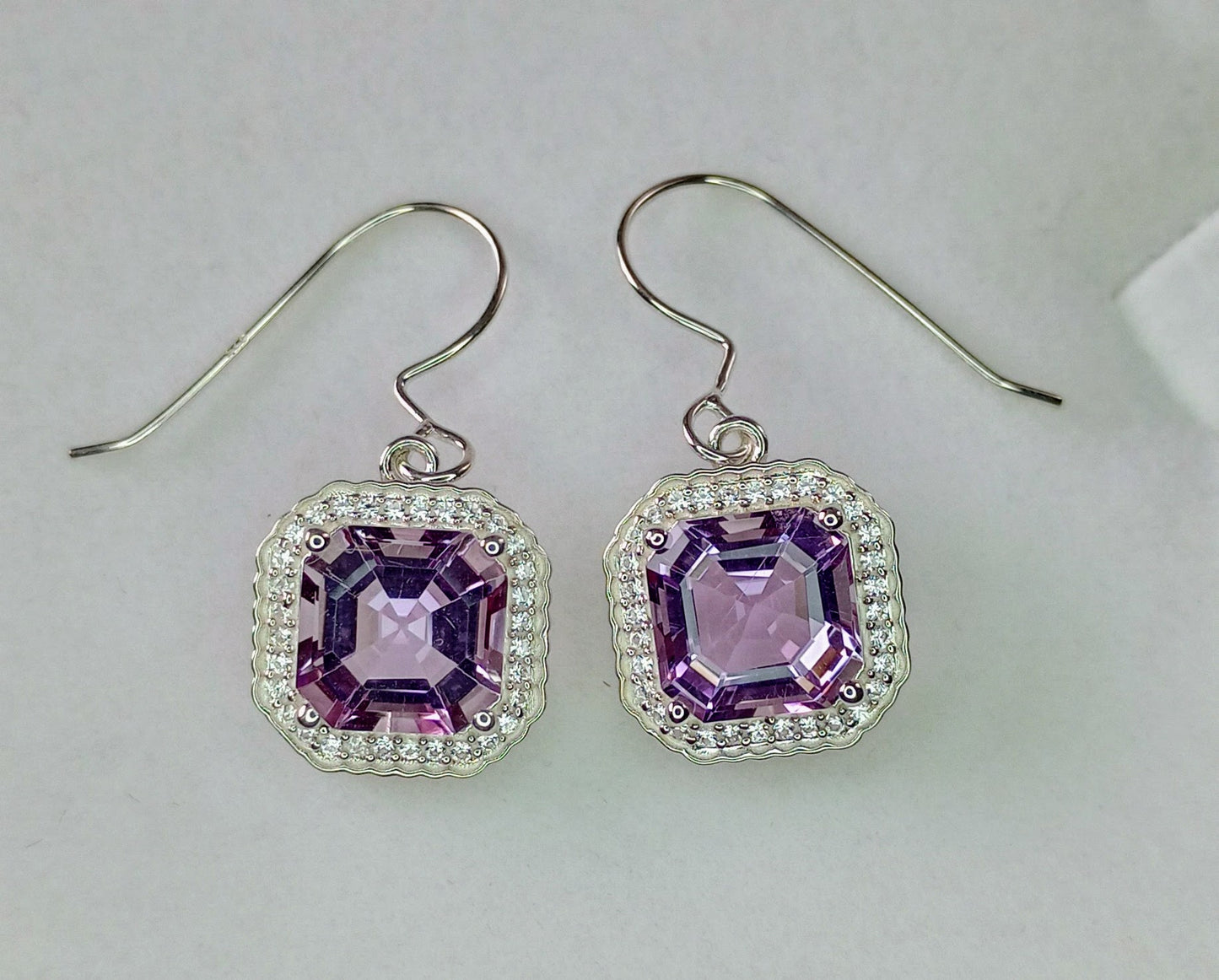 Asscher Cut Rose de France Amethyst & white Zircon Sterling Silver Earrings and Pendant