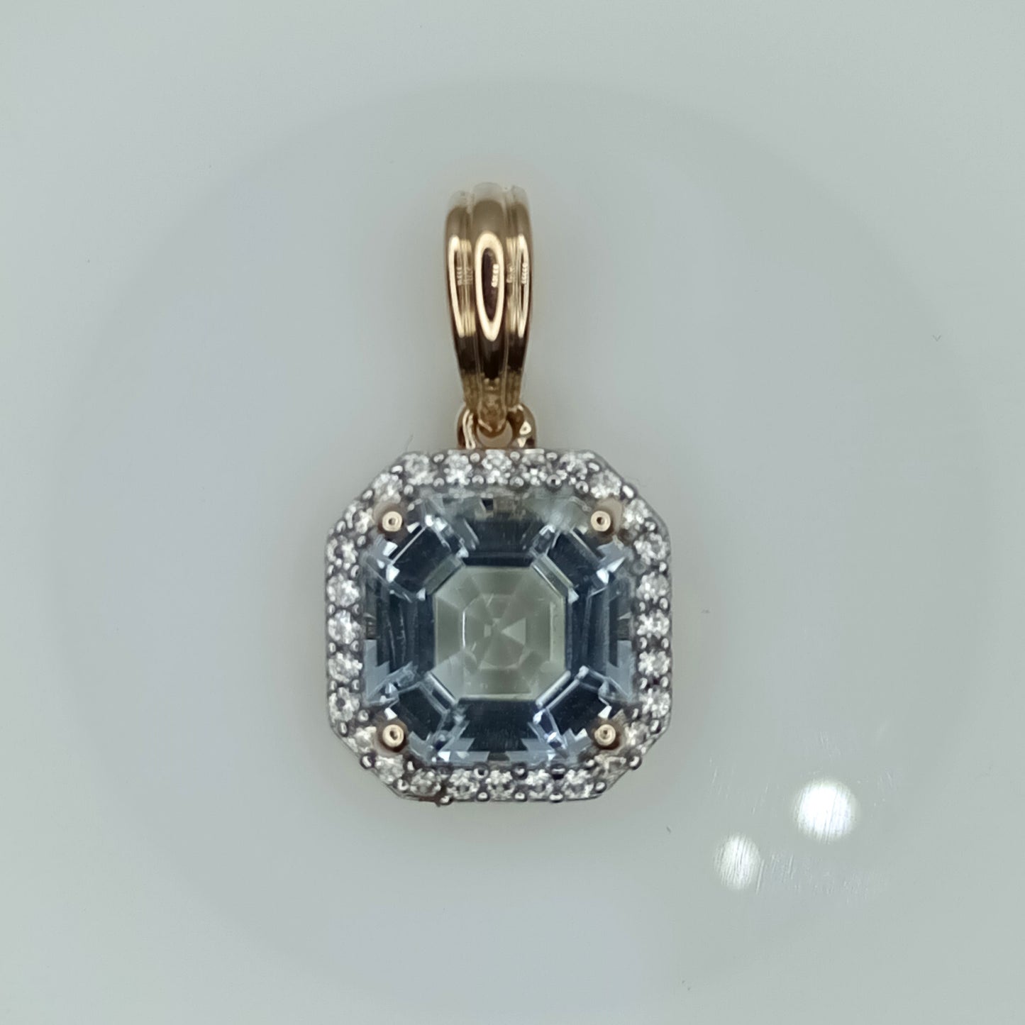 Asscher Cut Sokoto Aquamarine & white Zircon 9k Gold Pendant