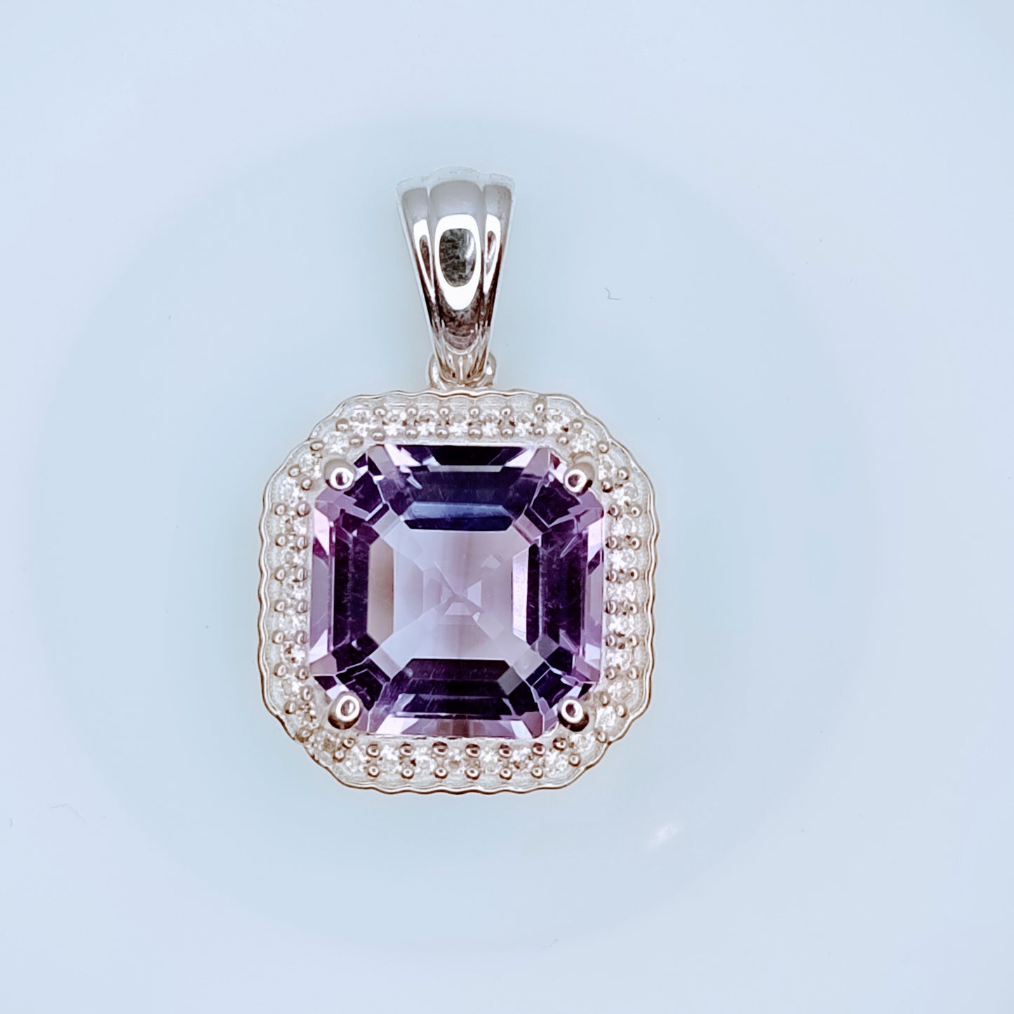 Asscher Cut Rose de France Amethyst & white Zircon Sterling Silver Earrings and Pendant