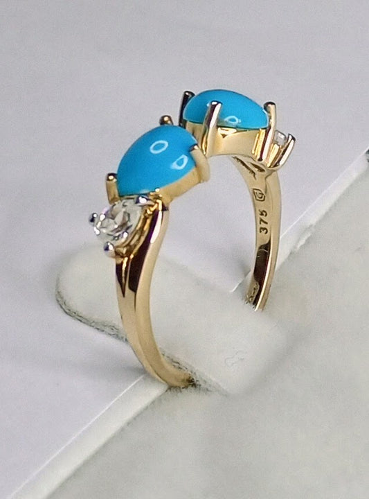 Size L-M Sleeping Beauty Turquoise and White Zircon 9K Gold Ring 1.81cts