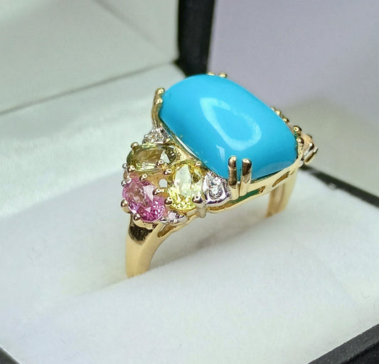 Sleeping Beauty Turquoise, Multi-Colour Sapphire & White Zircon 9k Gold Ring