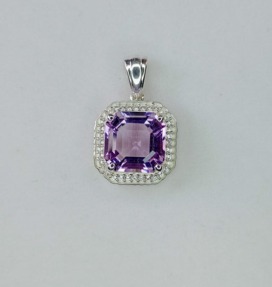 Asscher Cut Rose de France Amethyst & white Zircon Sterling Silver Earrings and Pendant