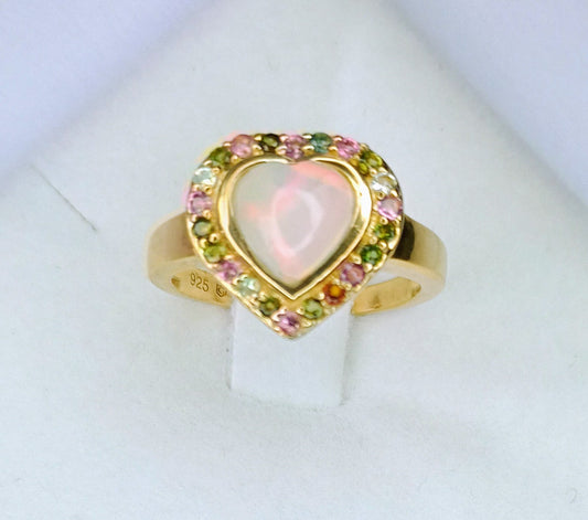 Size N to O Ethiopian Opal and Rainbow Tourmaline Midas Heart Ring