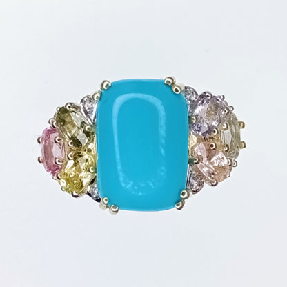 Sleeping Beauty Turquoise, Multi-Colour Sapphire & White Zircon 9k Gold Ring