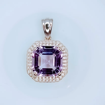 Asscher Cut Rose de France Amethyst & white Zircon Sterling Silver Earrings and Pendant